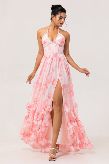 Blush A-Line Halter Pearls Ruffle Printed Floral Chiffon Maxi Dress with Slit
